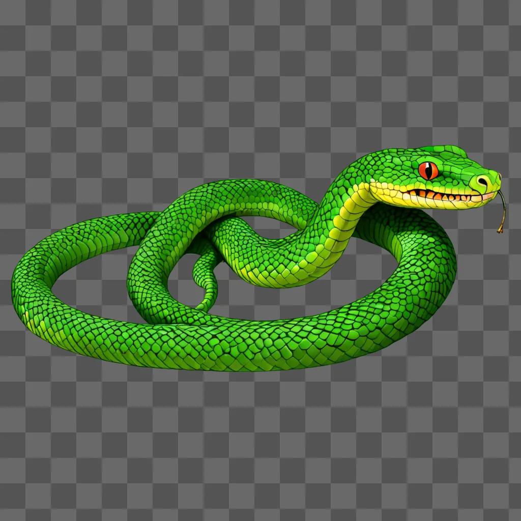 A green snake with red eyes is depicted in a drawing for kids