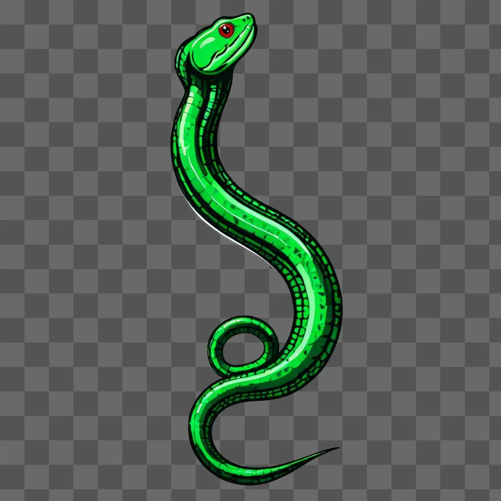 A green snake with red eyes on a green background