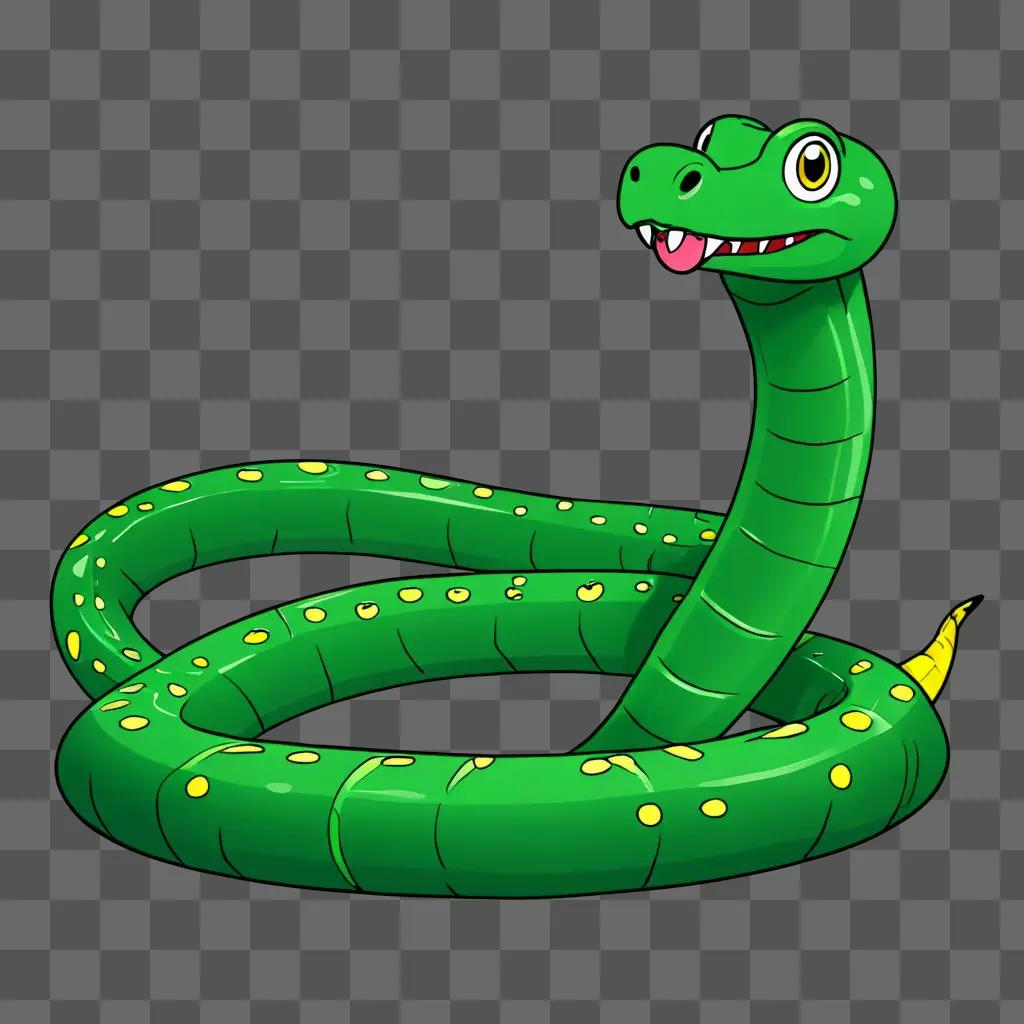 A green snake with yellow dots and a pink tongue