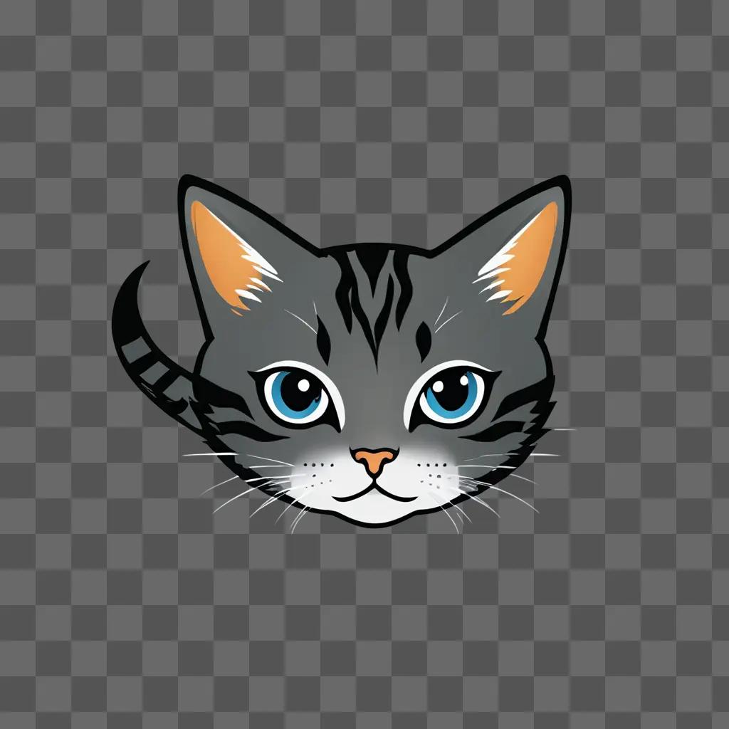 A grey kitten with blue eyes is illustrated against a grey background