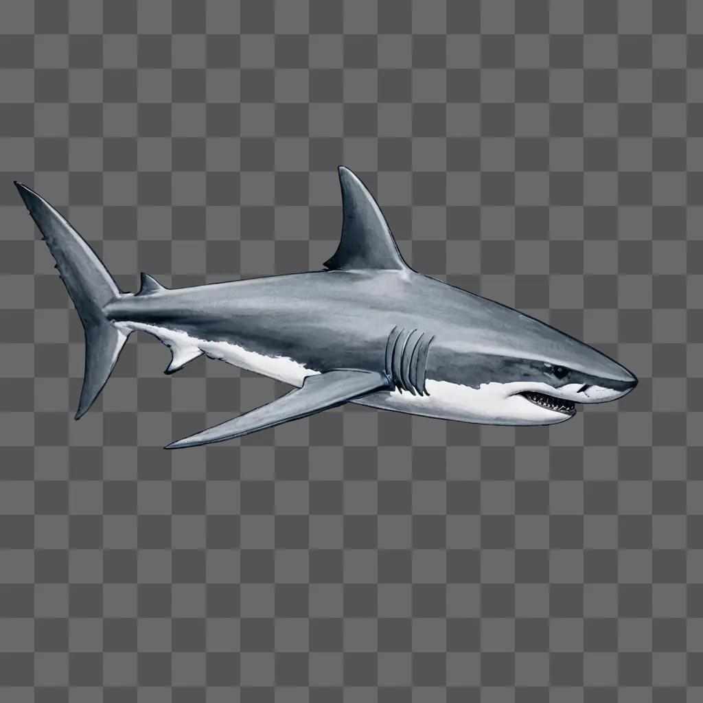 A grey sketch of a shark drawing on a wall