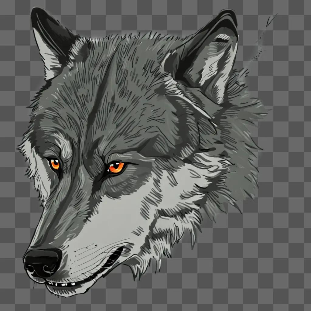 A grey wolf drawing with orange eyes and a black mouth