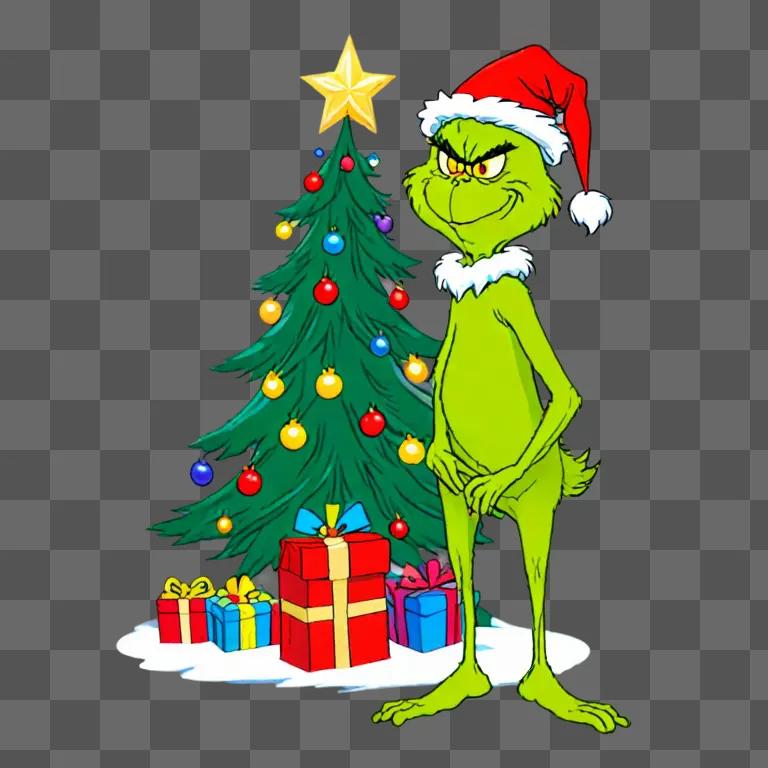 A grinch wearing a Santa hat standing next to a Christmas tree