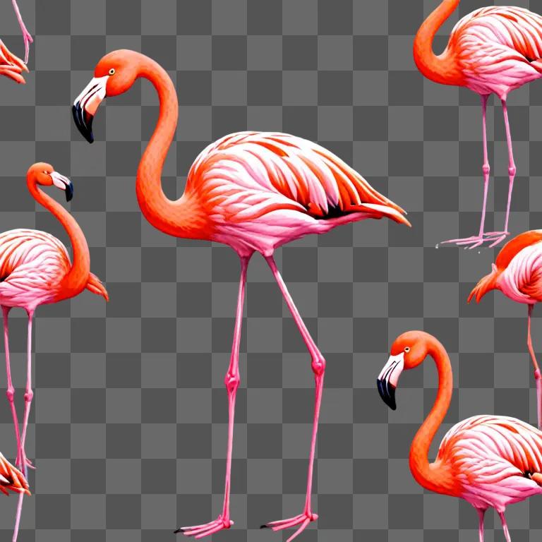 A group of flamingos are standing in the sand