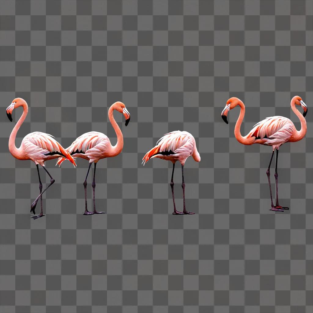 A group of flamingos in silhouette on a pink background