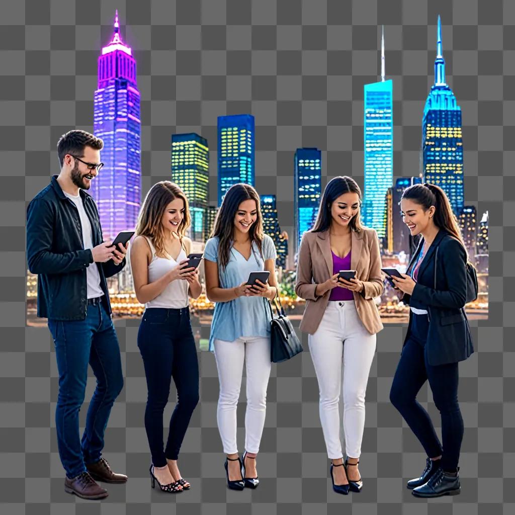 A group of people using cell phones in front of a city skyline