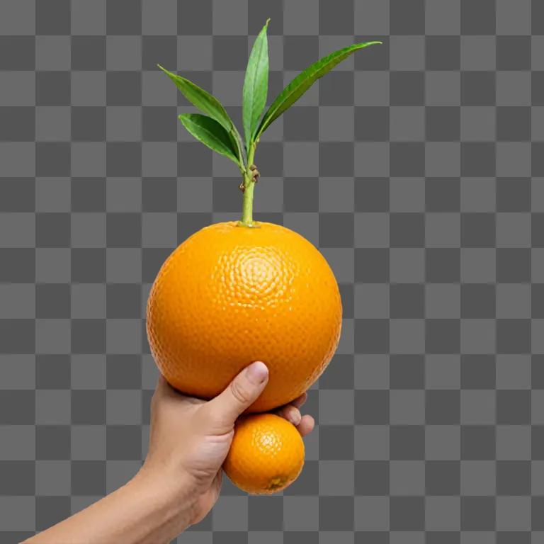 A hand holding an orange with a green stem