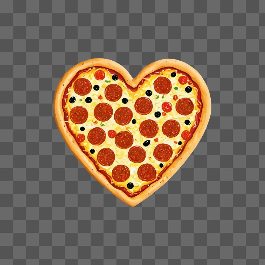 A heart-shaped pizza with pepperoni and olives