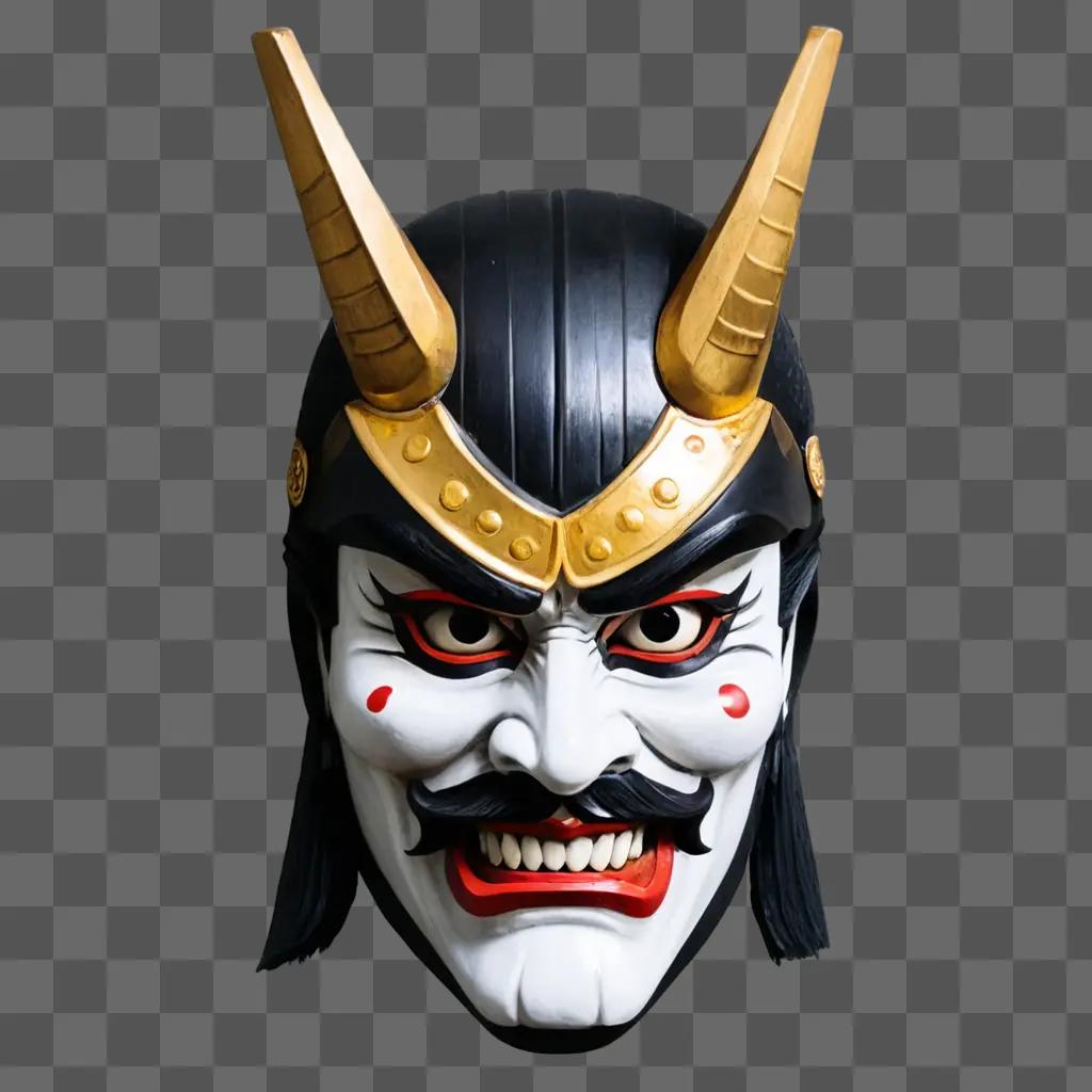 A japanese samurai mask is displayed against a grey background