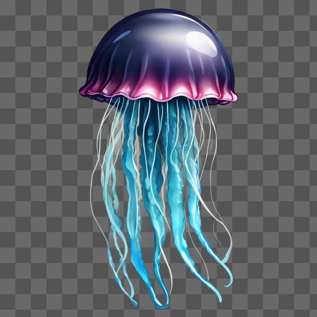 A jellyfish drawing with blue tentacles and a pink head