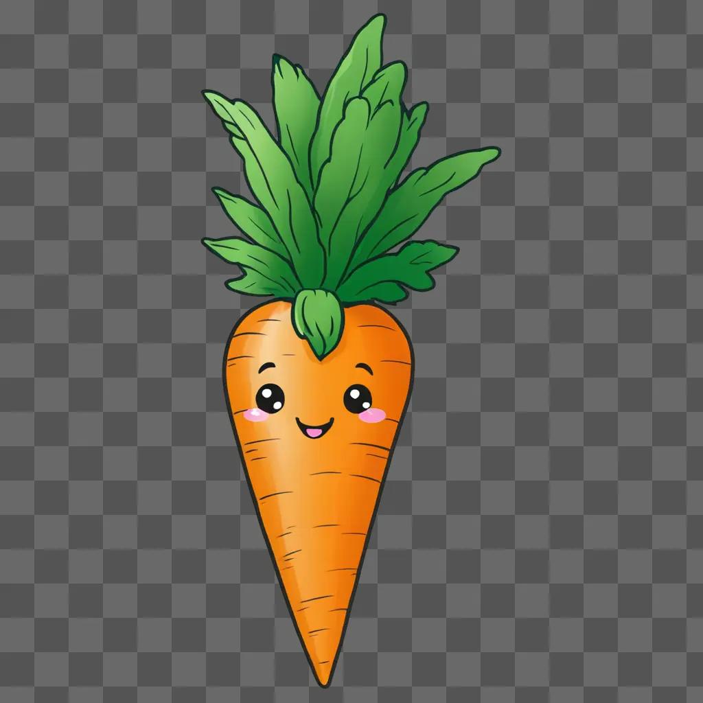 A kawaii carrot drawing with a cute face and green leaves