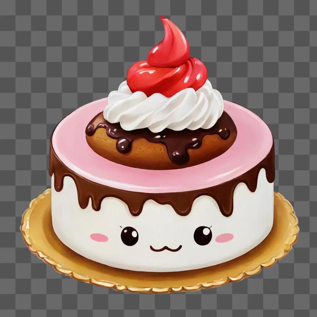 A kawaii cute cake drawing with a pink and white face