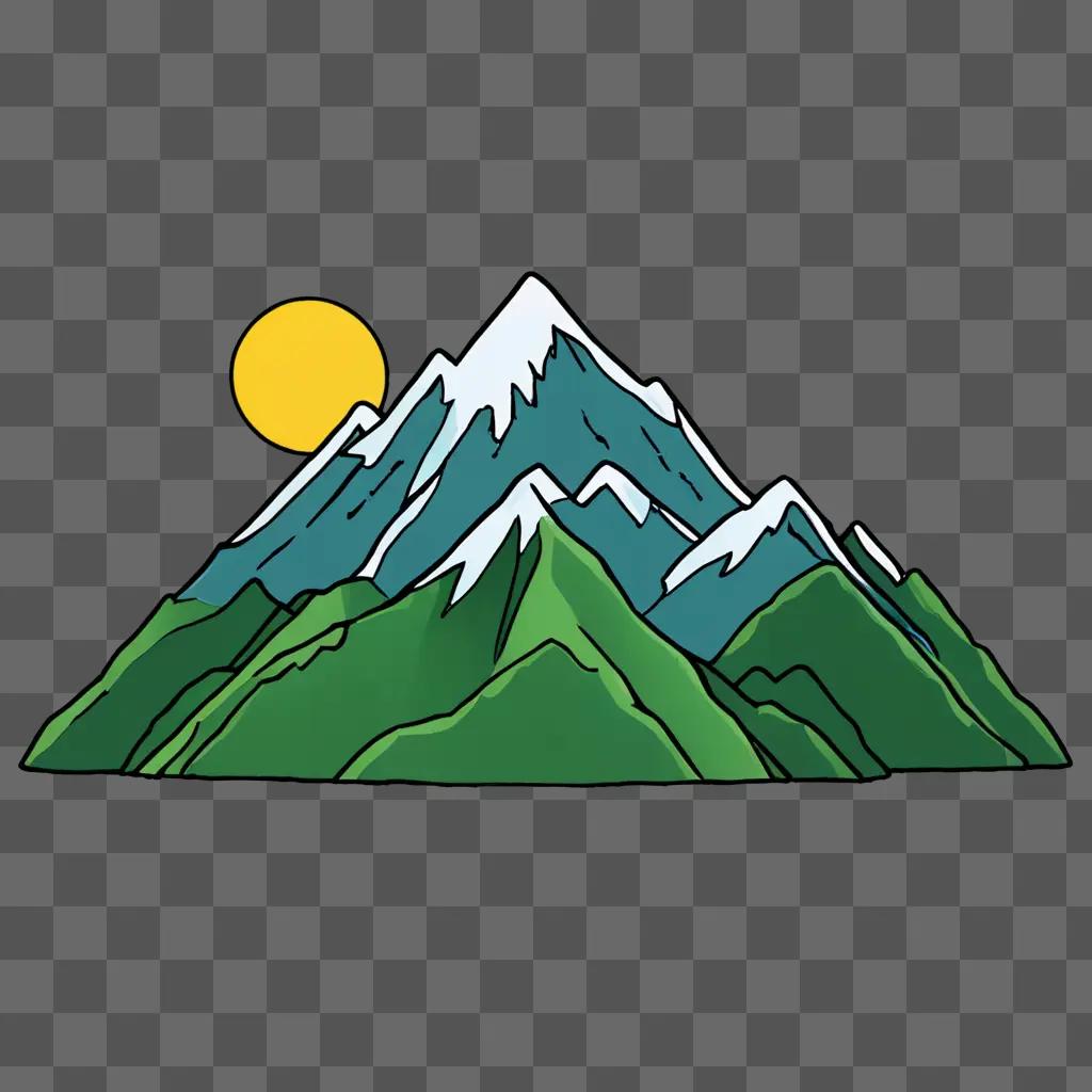 A kawaii cute mountain drawing with a sun in the background