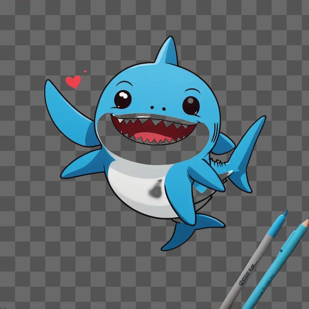 A kawaii cute shark drawing with a red heart