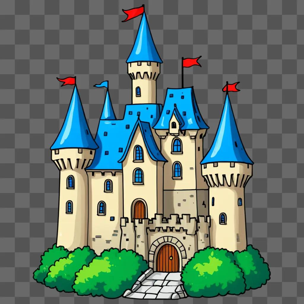 A kawaii drawing of a cute castle with flags