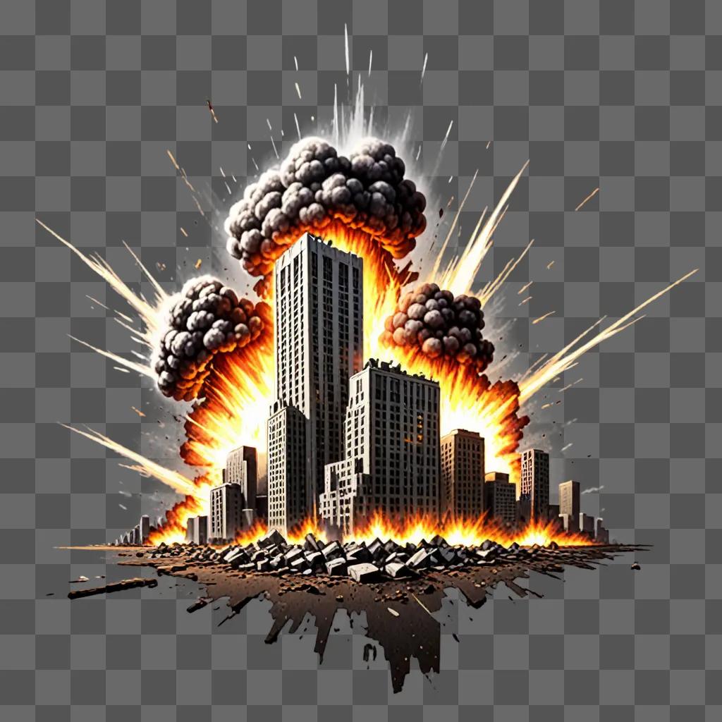 A large city explosion scene with skyscrapers