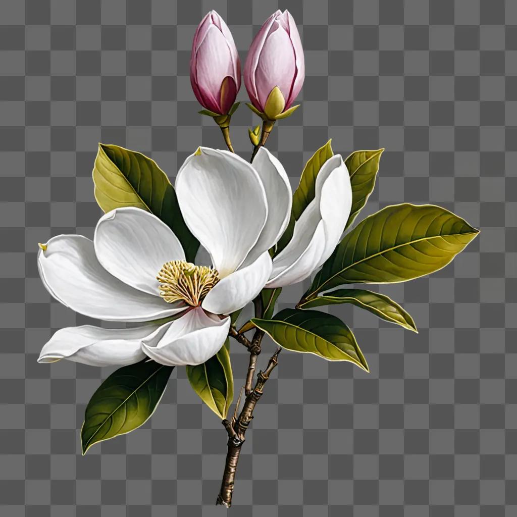 A magnolia flower drawing with green leaves