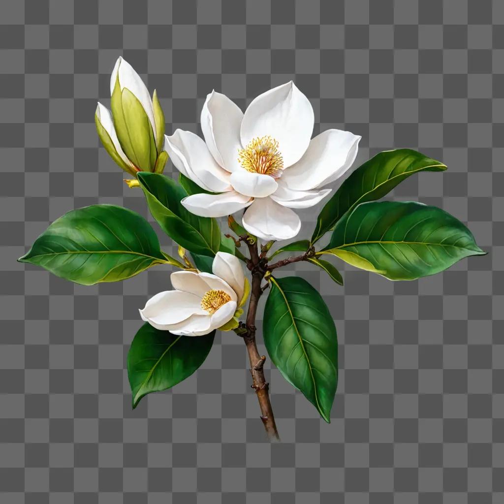 A magnolia flower drawing with leaves and green background