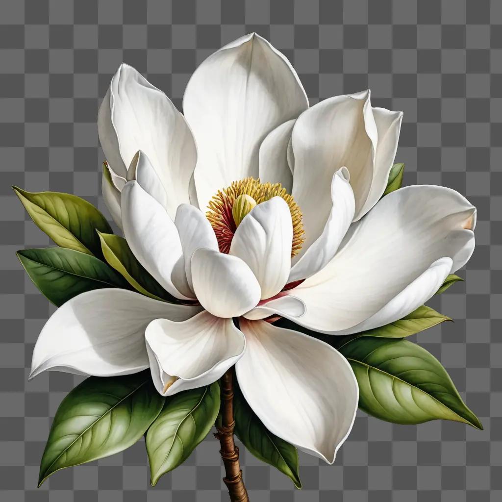 A magnolia flower is depicted in a black and white drawing