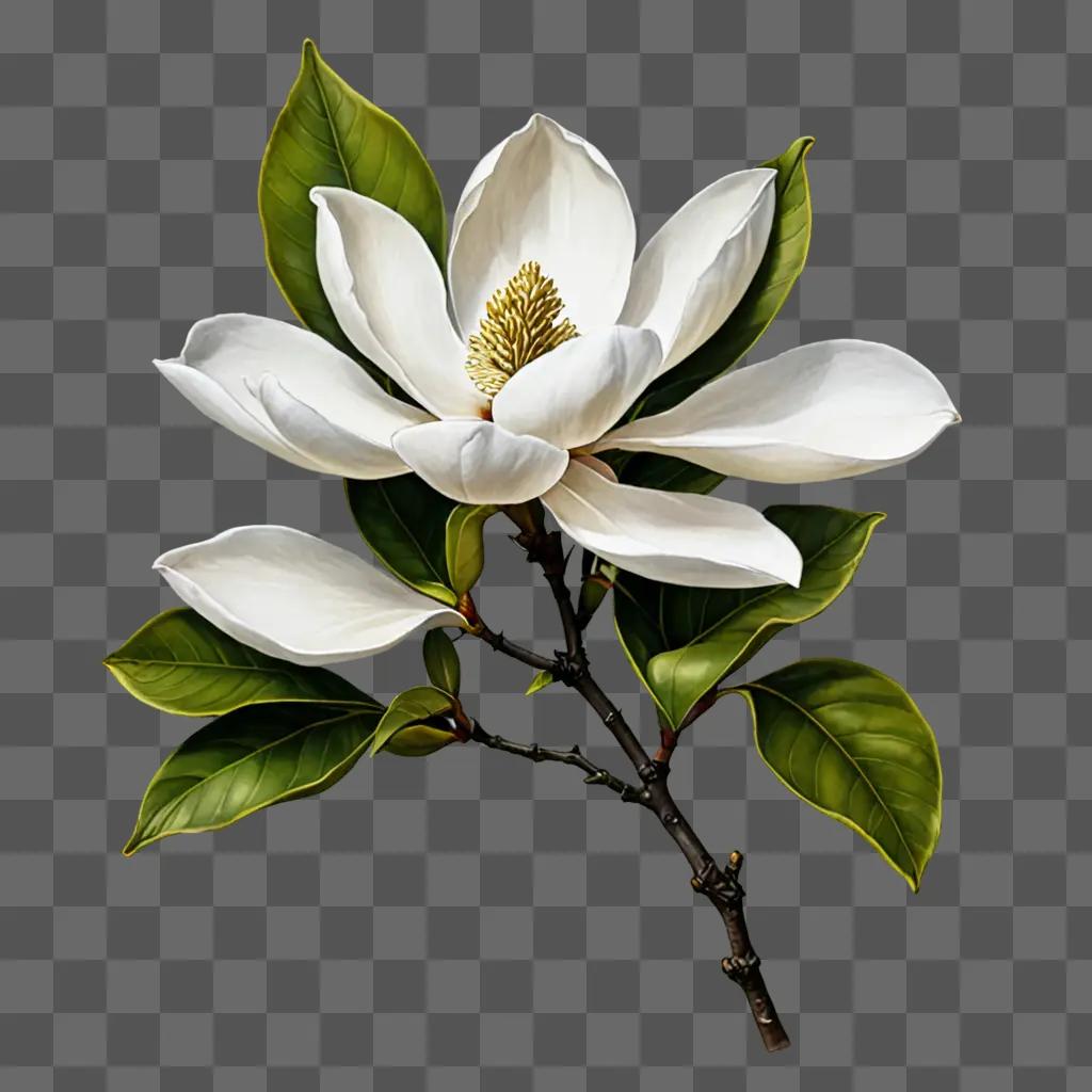 A magnolia flower is rendered in watercolor on a green background