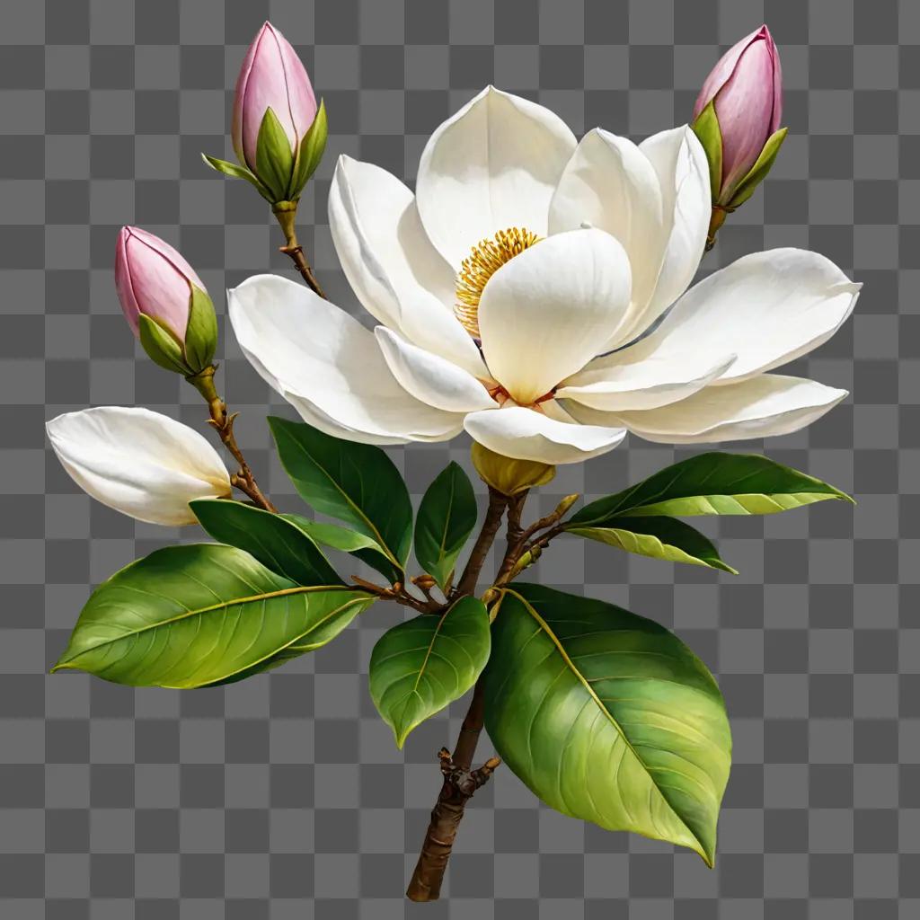 A magnolia flower with green leaves is beautifully drawn