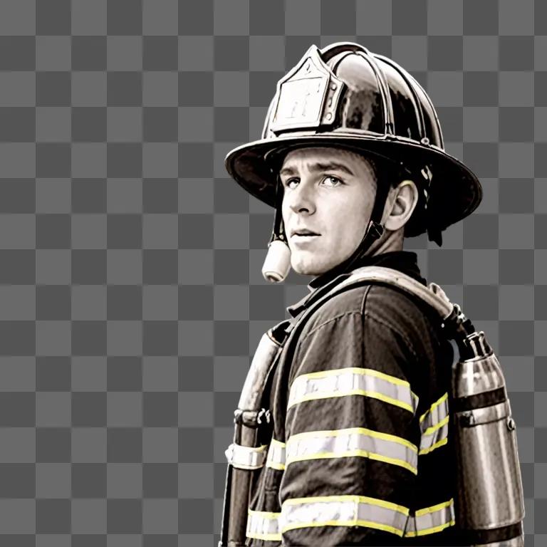 A man in a fireman clipart is looking to the right