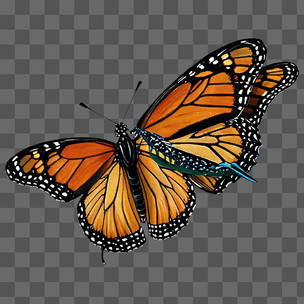 A monarch butterfly is drawn in vibrant colors