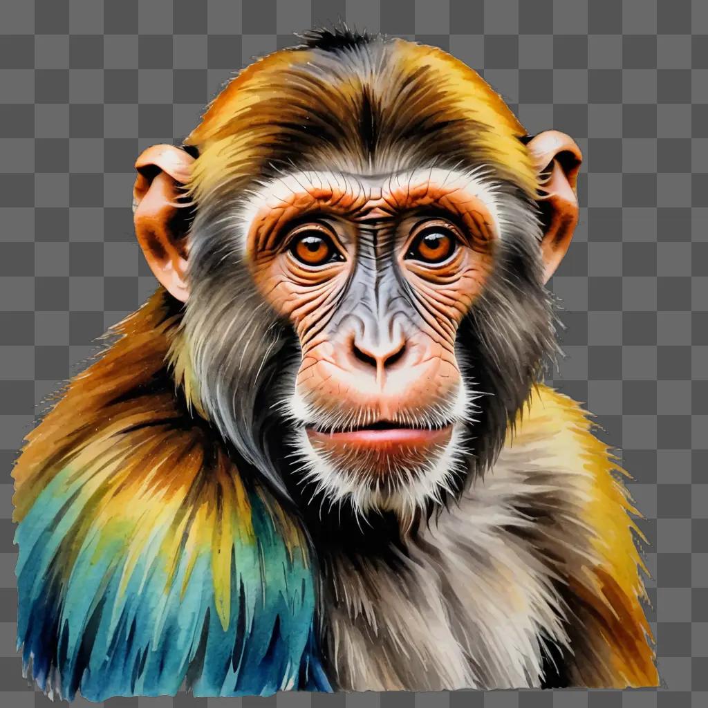 A monkey drawing with colour and feathers