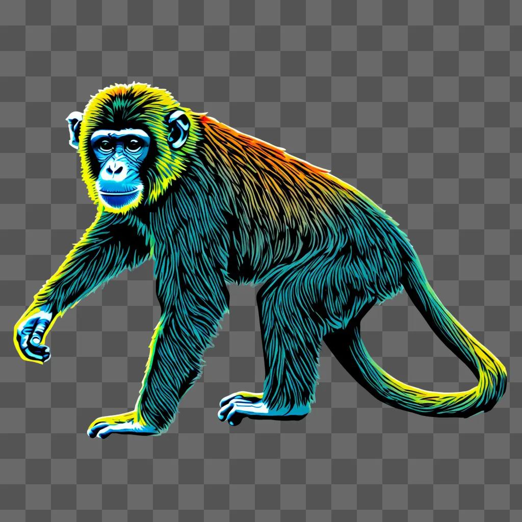 A monkey drawing with colour on a green background