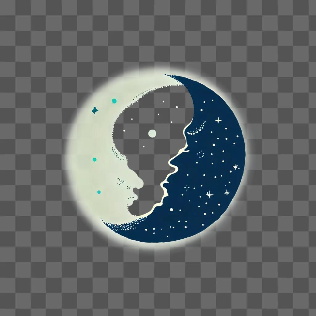 A moon drawing with a white face and starry sky