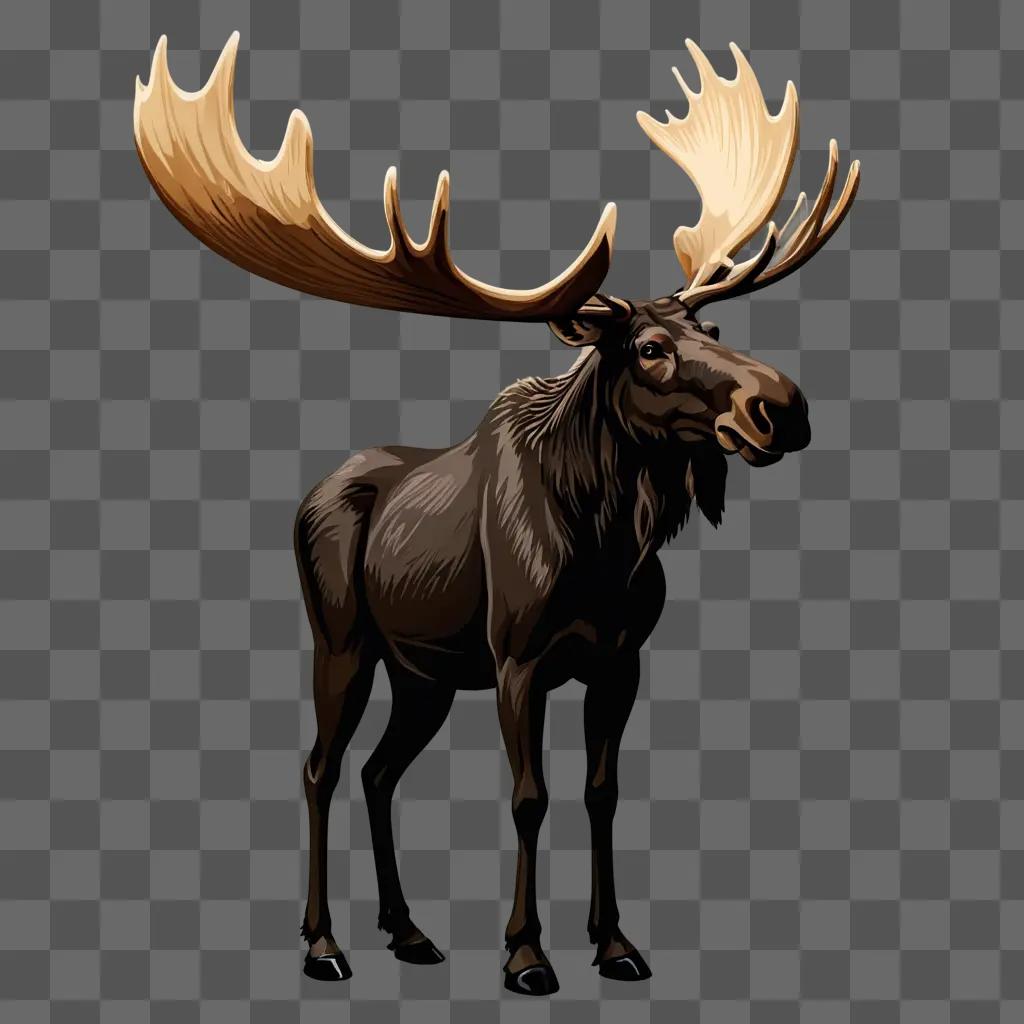 A moose with large antlers stands on a brown background