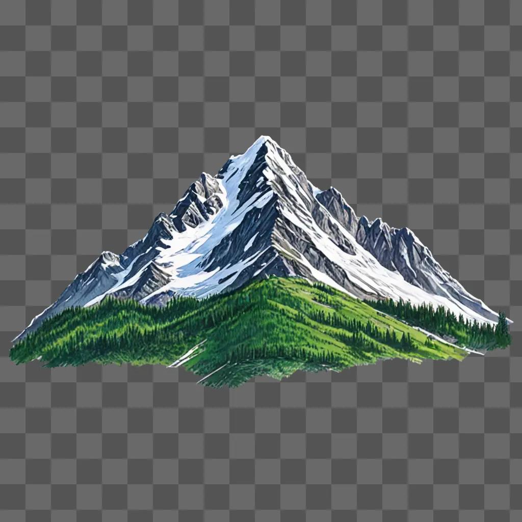 A mountain drawing with a green background and white snow on top