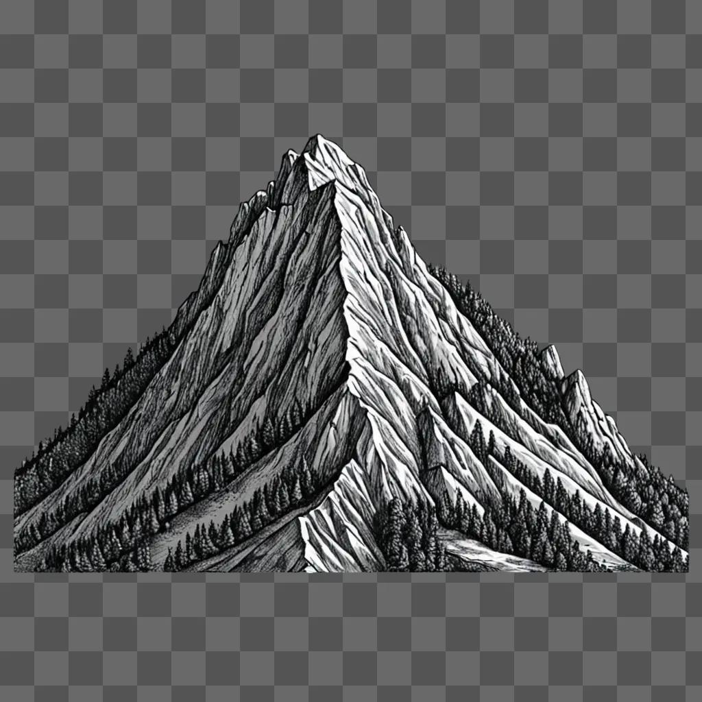 A mountain drawing with a tree at the base of it