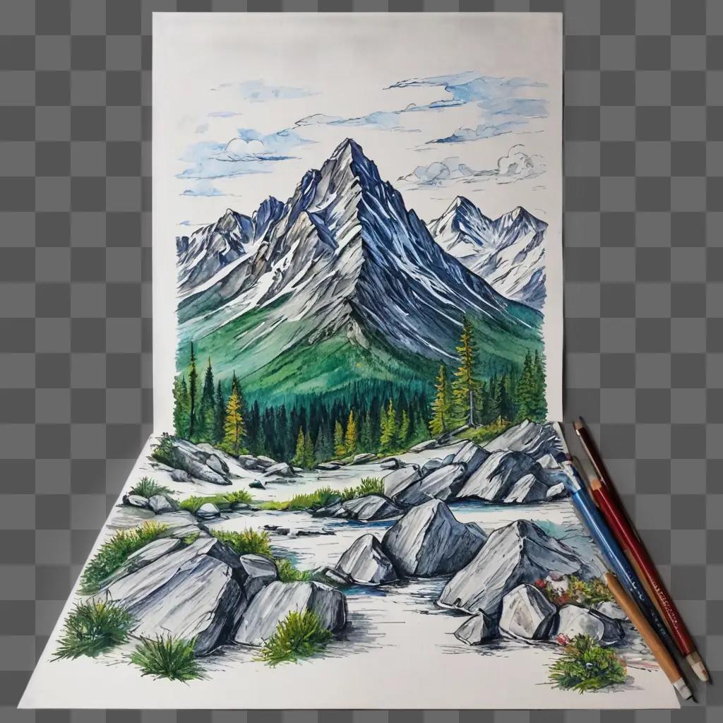 A mountain drawing with colour and green trees