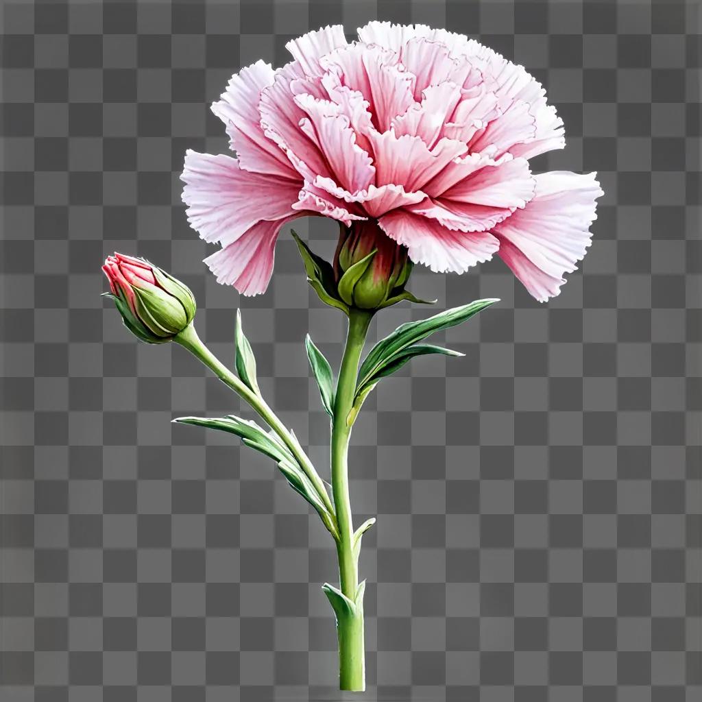 A pink carnation flower drawing with a green stem