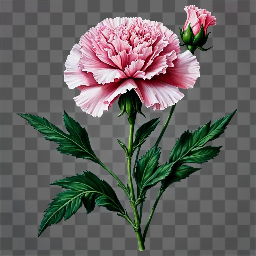 A pink carnation with green leaves and a bud