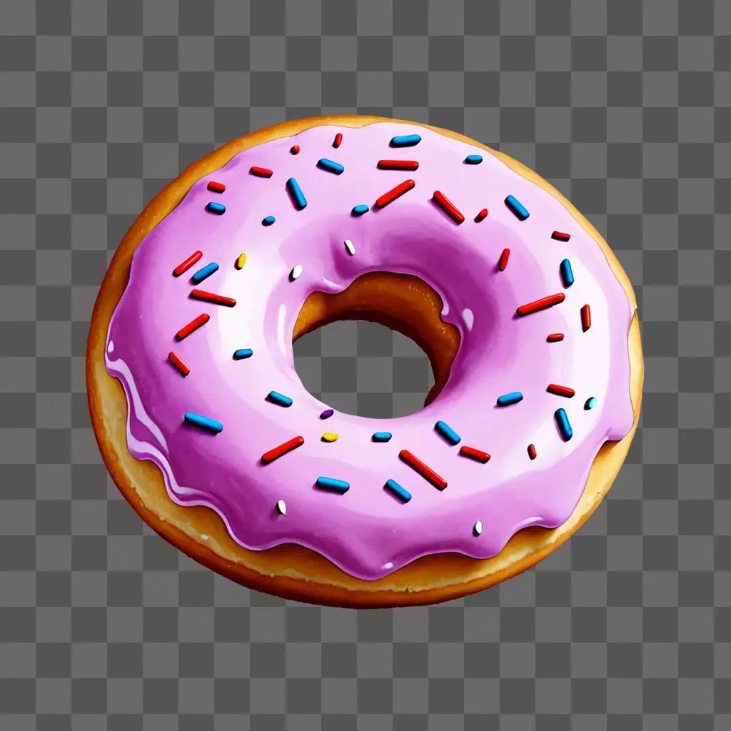 A pink donut with purple icing and colorful sprinkles