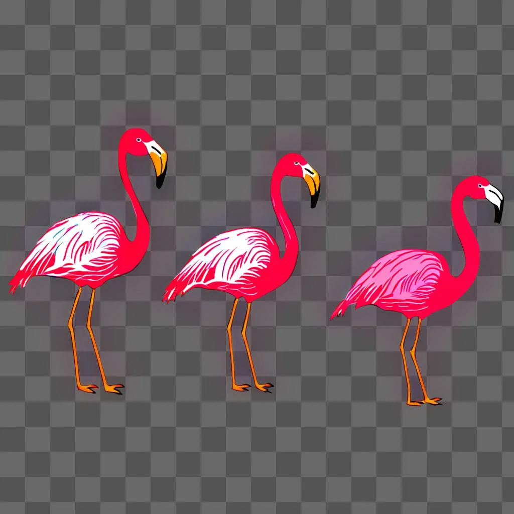 A pink drawing of three flamingos with colour