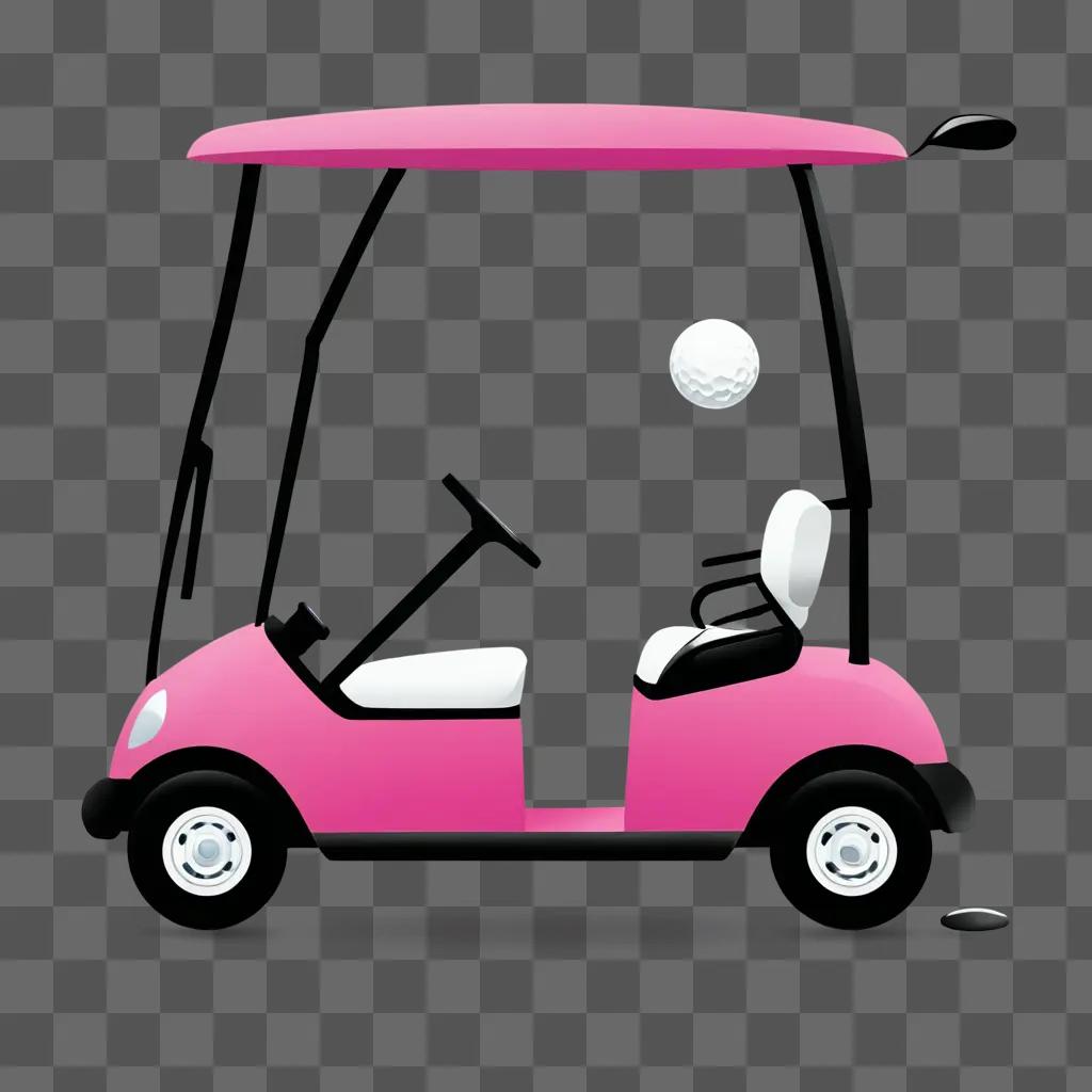 A pink golf cart with a black and white golf ball