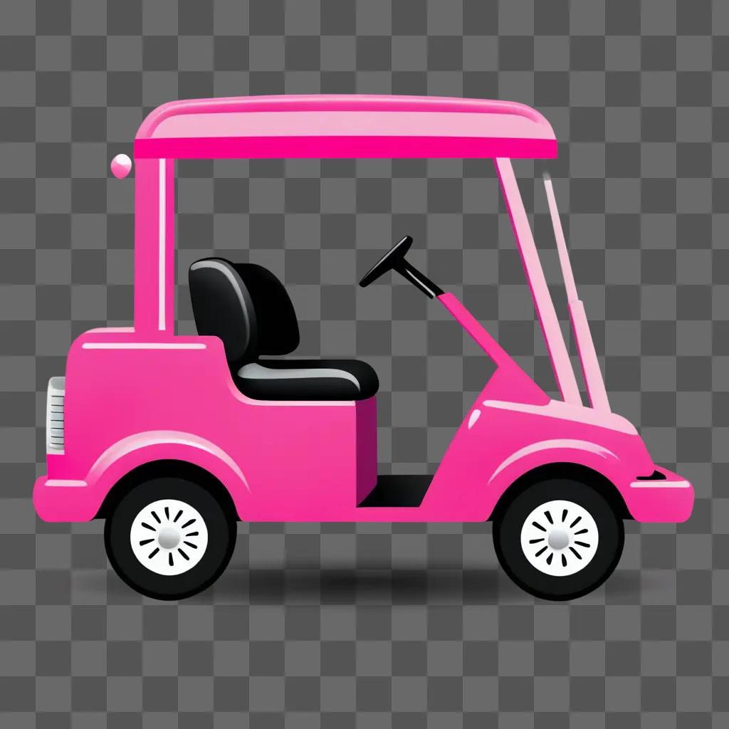 A pink golf cart with a black top and black seats