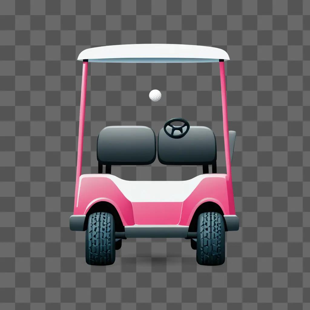 A pink golf cart with a white top and black seats