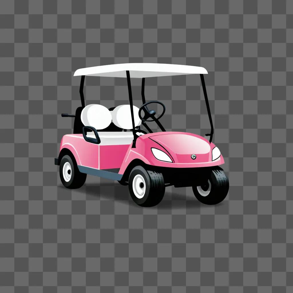 A pink golf cart with white roof and black wheels