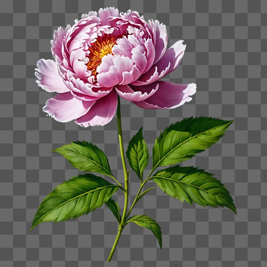 A pink peony drawing with green leaves