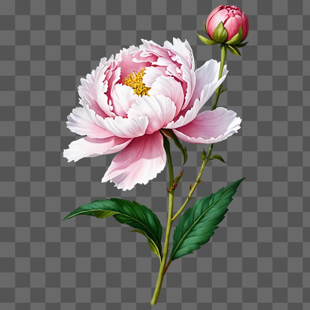 A pink peony with green leaves