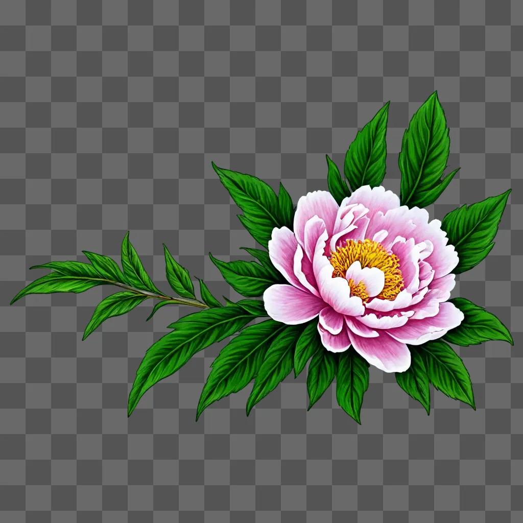 A pink peony with green leaves on a green background