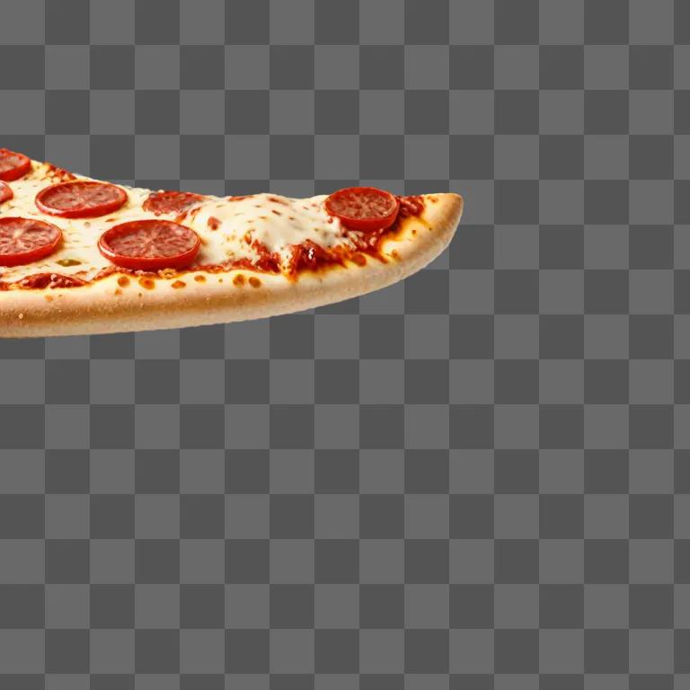 A pizza slice with pepperoni and cheese on a light brown background