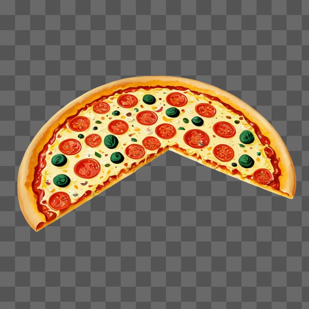 A pizza slice with toppings is shown in a cartoon style