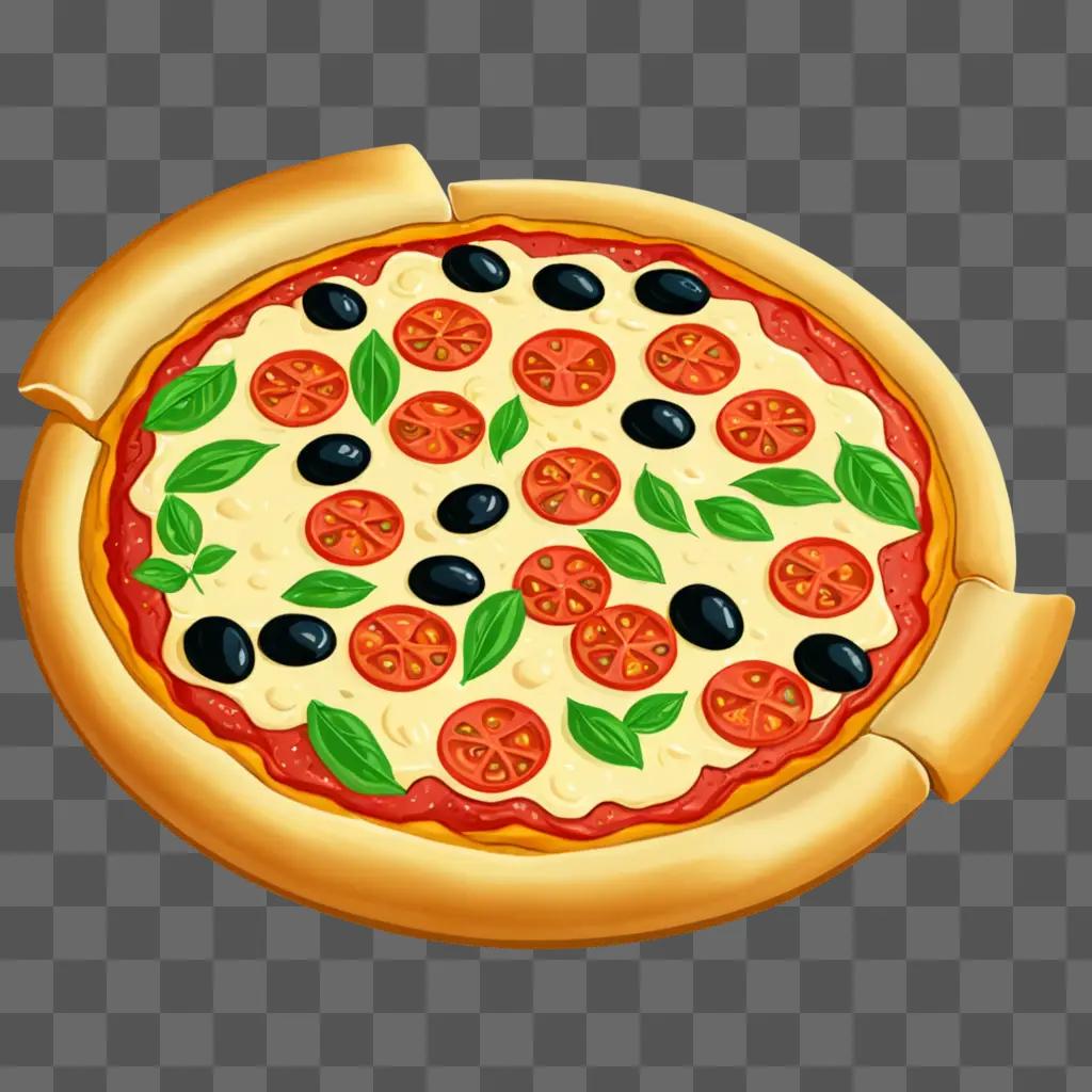 A pizza with olives and tomatoes on a brown background