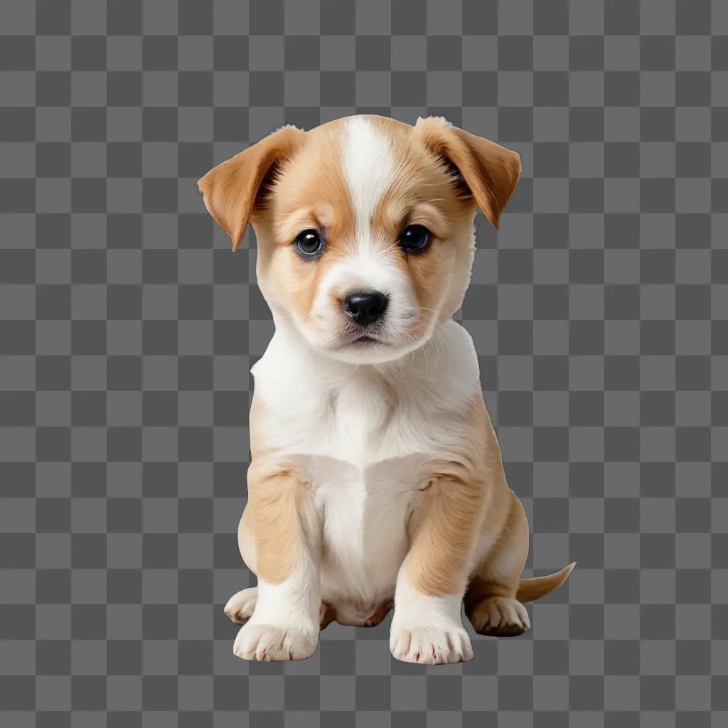 A puppy sits alone against a black background