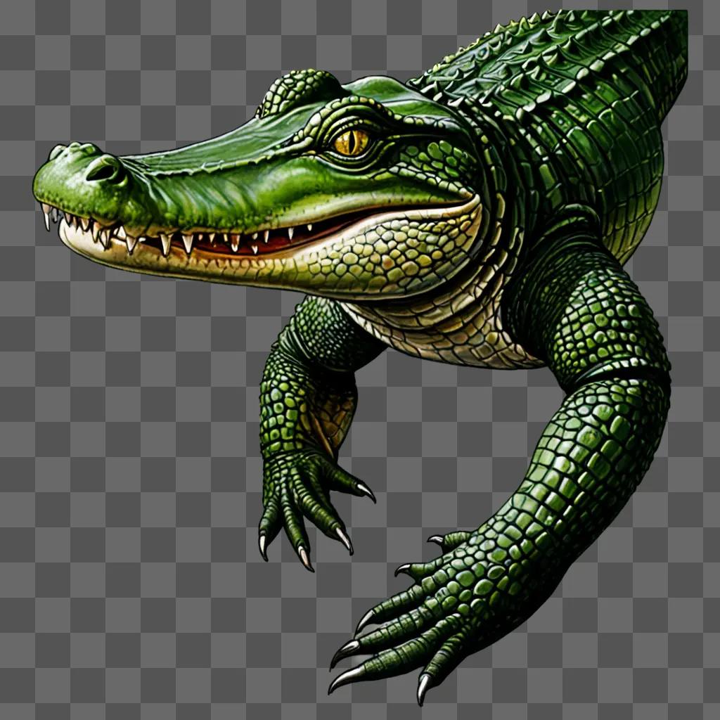 A realistic alligator drawing of a green colored crocodile